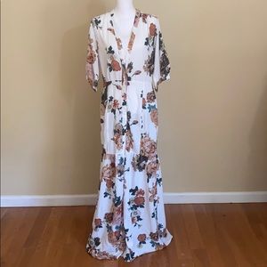 White Floral Button Front Split Maxi Dress